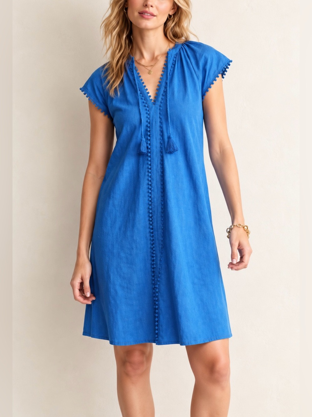 Boden 100% Cotton Slub Jersey Knit Shift Dress 6R Cobalt Blue Tassel Detail Boho